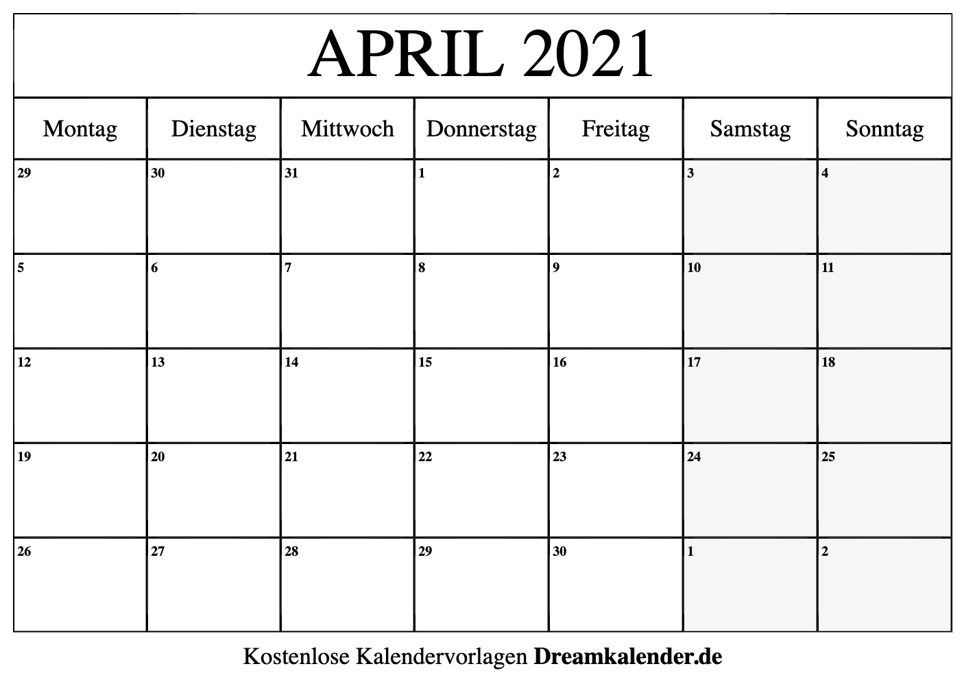 mini calendar april 2021