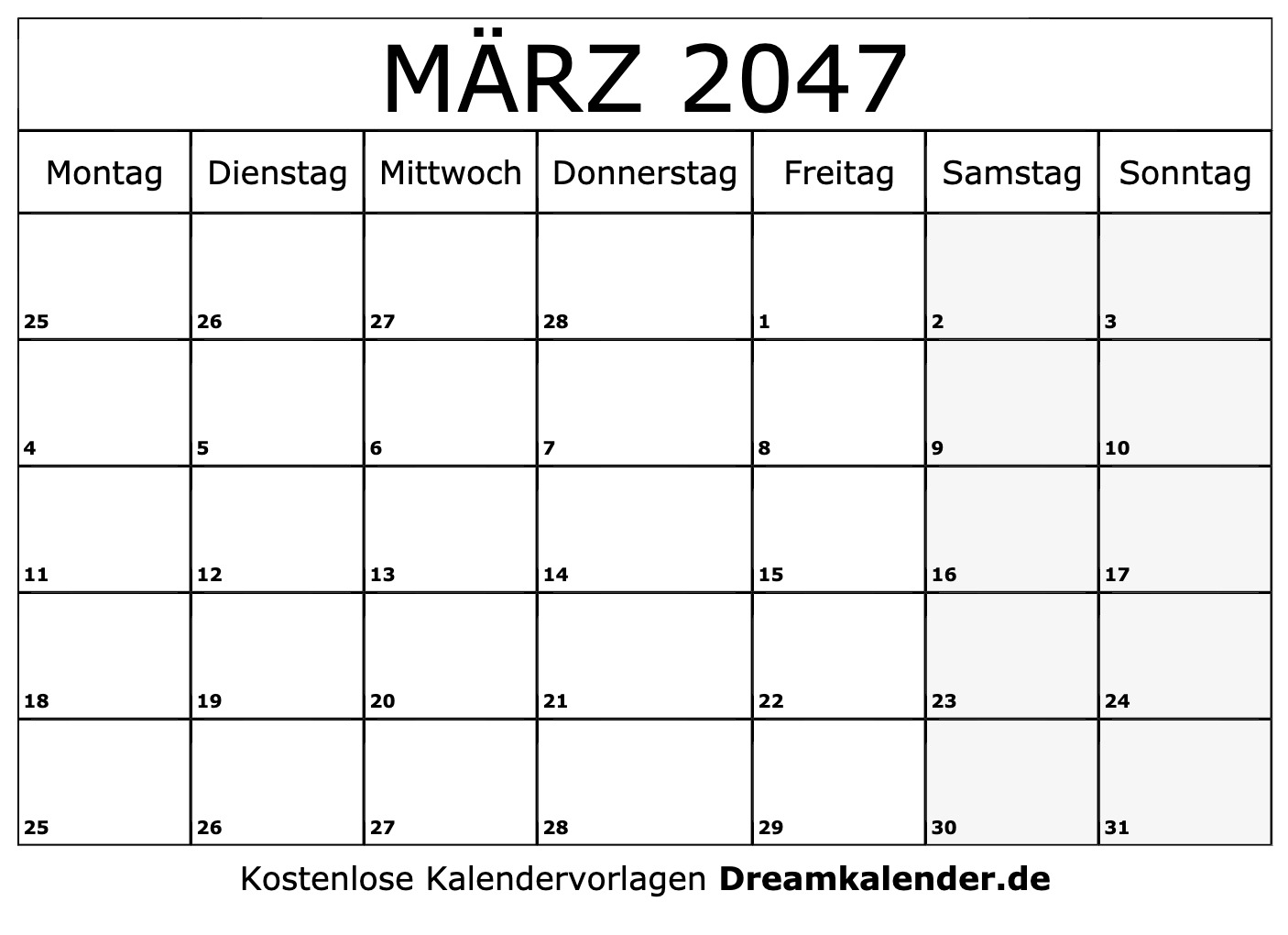 Kalender März 2047